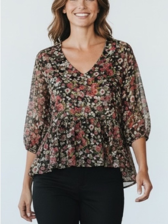 Full Tilt Tops - Full Tilt Floral Sheer Hi-Low Boho Style Top/Blouse Back Opening/Cutout Size M